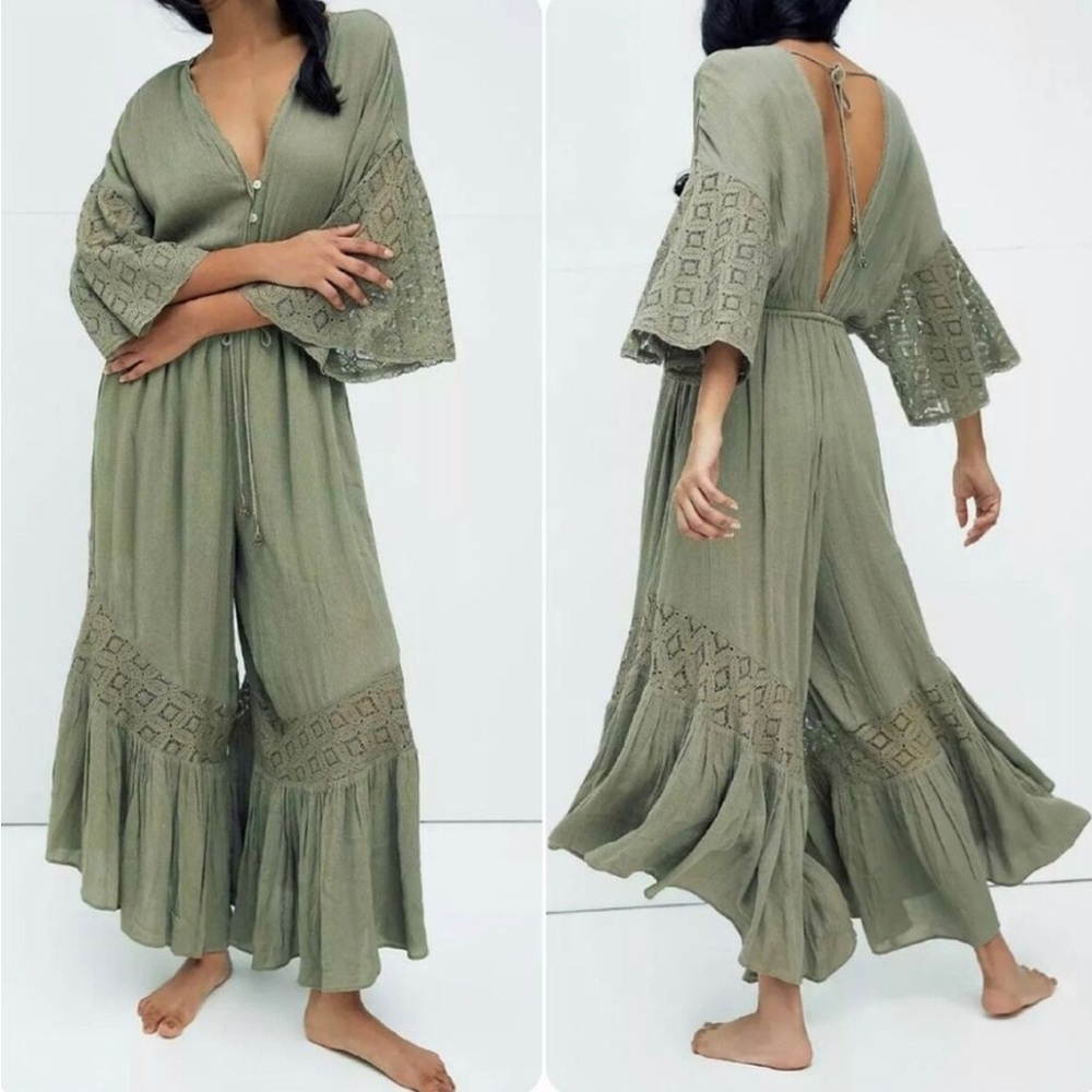Free People Angela Jumpsuit Lace Trim Cinched Waist Size XS